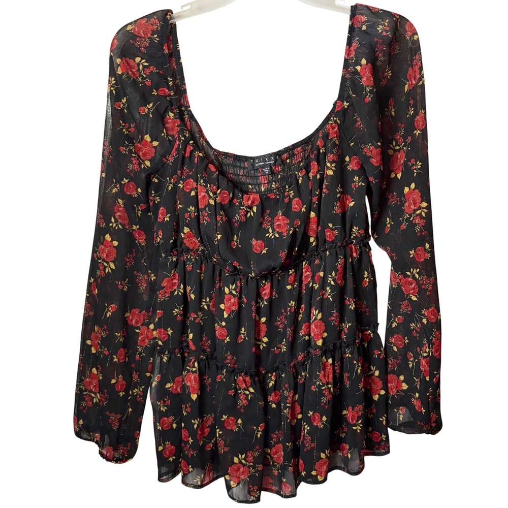 Trixxi Blouse Tunic Top Womens M Black Red Floral Tiered Peplum Long Sleeve